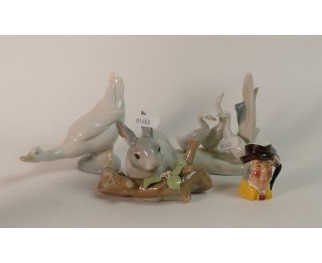 Lladro Rabbit Figurine also Two Nao Geese Figurines also a Sylvac Mr Wolfe Mini Character Jug(1Tray)