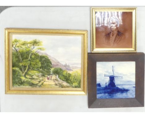 Three Framed Earthenware Tiles, includes on Royal Delft Windmill example, a Sherwood &amp; Cotton style portrait tile and a h