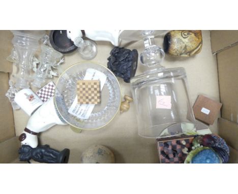 A Collection of Curios to include a Meerschaum Pipe, Westland Frog Playing Chess, Basalt Chess Piece Rook etc.