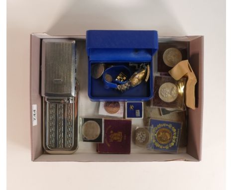 A collection of items including gentlemans Rotary wristwatch, Rolls Razor patented cased razor, commemorative coins, silver p