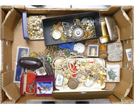 A good collection of vintage costume jewellery including pendant watches, sovereign cases, brooches, medal, 9ct and silver ri