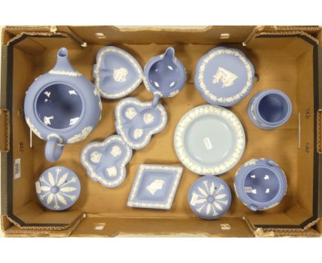Selection of Wedgwood powder blue Jasperware to include One Teapot, One Milk Jug, Four Bridge Playing Card Trinket Dishes, On