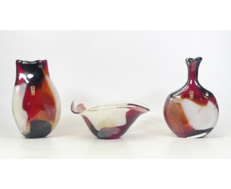 Mdina Glass of Malta, Three Mottled Brown and White Art Glass items including twist form vase, freeform bowl and a flask shap