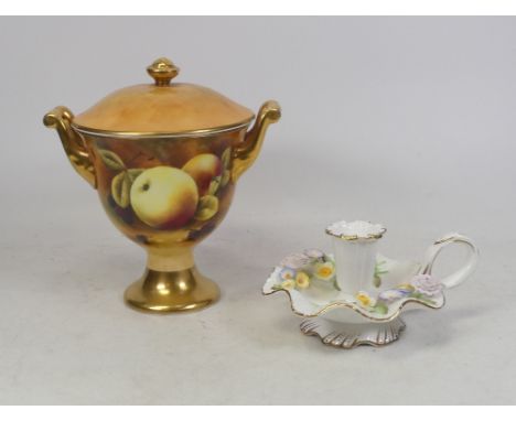 Coalport Lidded Footed Urn Hand Painted Fruit Design with Gilt Finish 14cm Tall Also Coalport Coalbrookdale Porcelain Candles