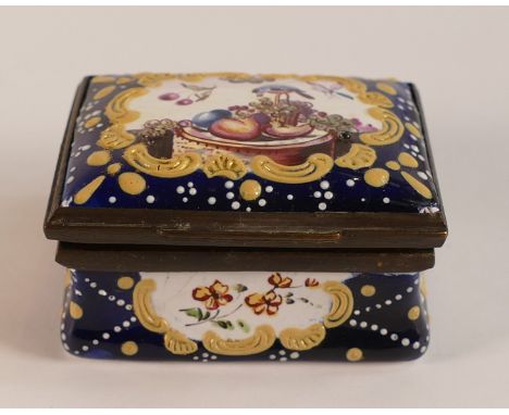 18th century Bilston enamel and gilt box with gilt interior. Decorated with blue enamel and yellow Rococo cartouche containin