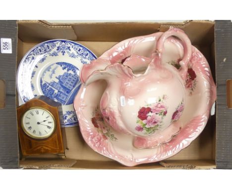 Mixed Items To Include A Large Pink Floral Jug and Wash Bowl, Two Wedgwood Oberlin College Plates Also A Wooden Mantle Clock 