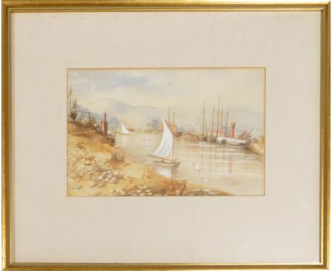 J. C. (English, Early 20th Century) Harbour scene with a myriad of boats and lone figure to fore. Watercolour on paper. In gi