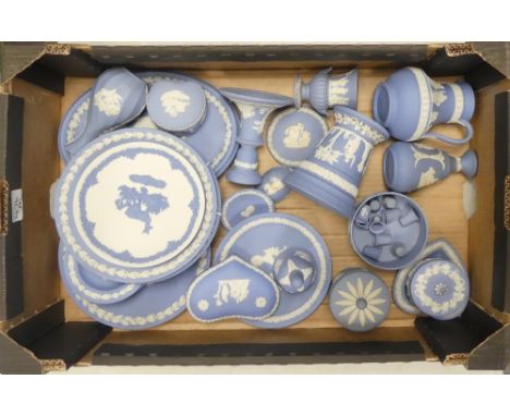 Wedgwood Selection Of Powder Blue Jasper Including Candlestick, Jug, Lidded Trinket Boxes of Various Shapes, Plates,  Thimble