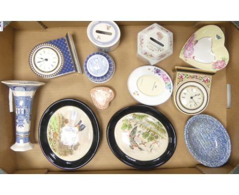 Selection of Ceramics to include Small Wedgwood 'Clio' Mantel Clock, Small Wedgwood Mantel Clock, Wedgwood Willow Candlestick