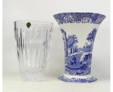 Boxed Spode Blue Italian Flared Footed Vase 26cm Tall Also  A Boxed Waterford Glass Mara Vase 23cm Tall (2)