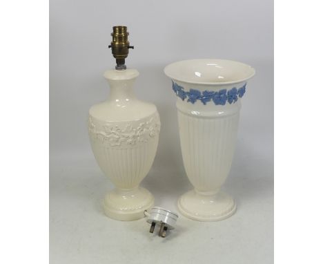 Wedgwood Queen's Ware Including A Large Vase With Blue Grape And Vine Design 26cm Tall (Chip noted on Rim) also A Lamp Base w
