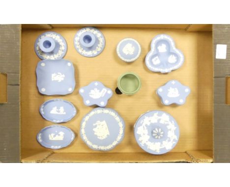 Wedgwood Selection Including Powder Blue Circular Lidded Trinket Boxs , Candle Sticks, Pin Trays, Also A Sage Green Trinket B