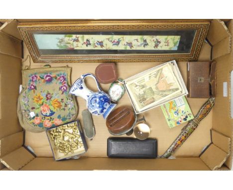 A Mixed Collection of Curios to include vintage embroidered handbag, small metal zodiac animals, dice including hand carved e