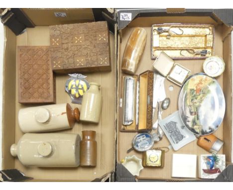 Miscellaneous Items Including Wooded Hinged Boxes, Hohner Boxed The 64 Chromonica, RAC &amp; AA Badges, Mini Leather Type Fla