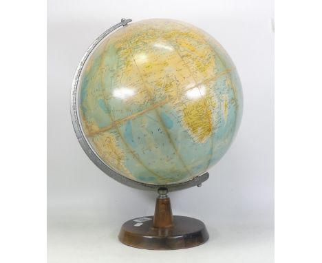 Phillips Terrestrial Globe on fitted wood base. Some wear and foxing to map. Height: approx. 46cm