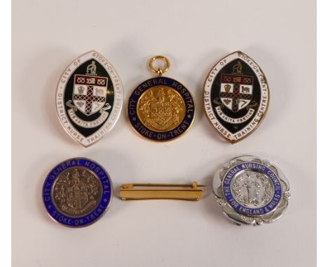 A group of enameled medals "City Of Stoke On Trent General Hospital", awarded to R E Hough 1956, 9ct gold example 10.9g, one 