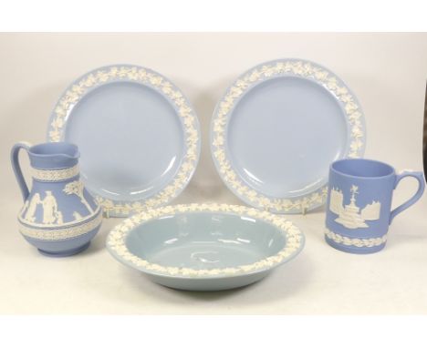 Wedgwood Jasperware Blue Pitcher, Christmas 1971 Piccadilly Circus 1971 Tankard, Queensware Oval Platter and Two Plates - Bar