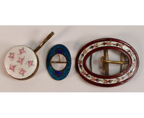 Three 19th and later Guilloche Enamel items. Including two buckles, one with hand painted floral decoration together with a s