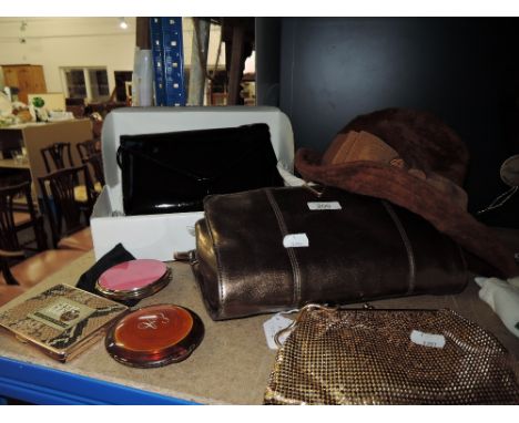 A selection vintage spanning various decades including handbags, compacts, shoe horns a cigarette case and a hat, great condi