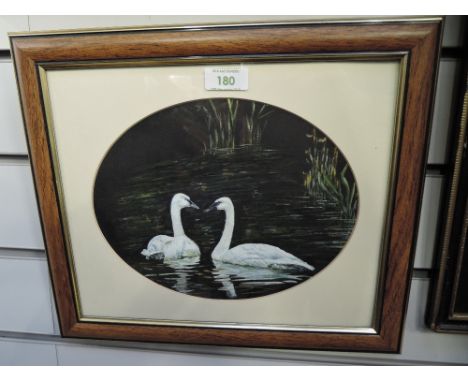 An acrylic painting, M R Shepherd, oval love swans, signed, 8in x 9.5in