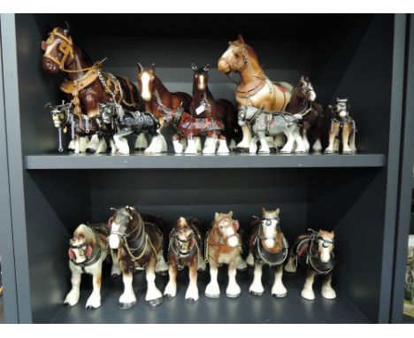Sixteen ceramic studies of shire horses, various sizes, most harnessed