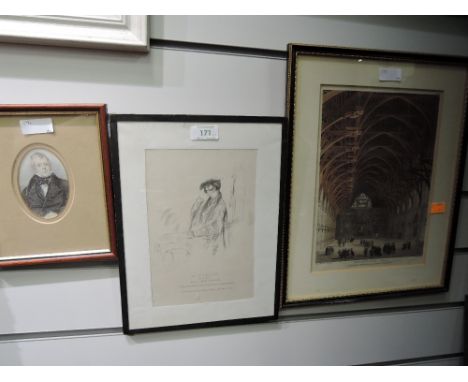 A print after Black, Pugin and Rowlandson, Westminster Hall 1809, 11in x 8in, and a print, portrait study, and a print, oval 