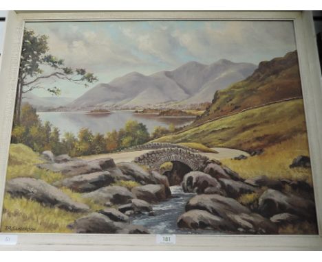 An oil painting on board, T R Sanderson, Ashness Bridge and Skiddaw, 17in x 23in, signed