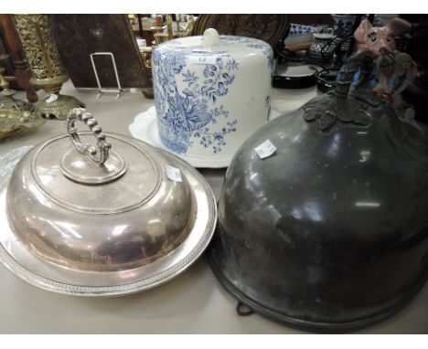 A selection of tureens including blue and white ceramic and pewter lid