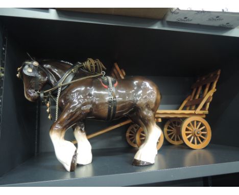 A Melbaware style ceramic study, Shire Horse, large, brown with wooden cart