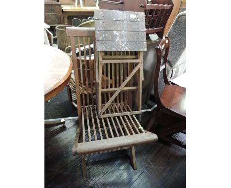 A teak folding garden chair and small set of vintage wood steps