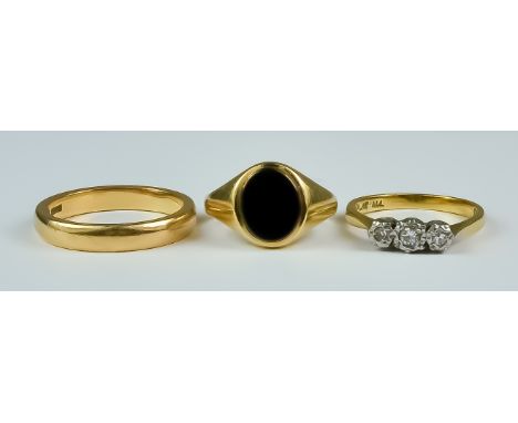 A Mixed Lot of 18ct Gold Rings, Modern, comprising - wedding band, size Q, another set with three small diamonds, size N, and