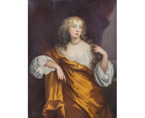 18th Century English School - Oil painting - Half length portrait of a woman wearing a pearl necklace, relined canvas 40ins x