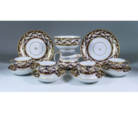 A Newhall Porcelain Part Tea and Coffee Service, pattern number 540, Early 19th Century, decorated in blue and gilt with leav