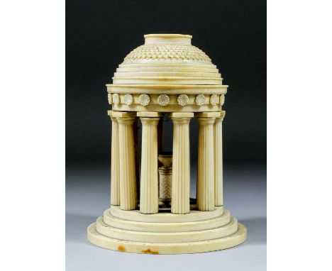 I* An Anglo-Indian Carved Ivory Model of a Rotunda, 19th Century, with tiered domed top, on ten columns of Roman Doric Order,