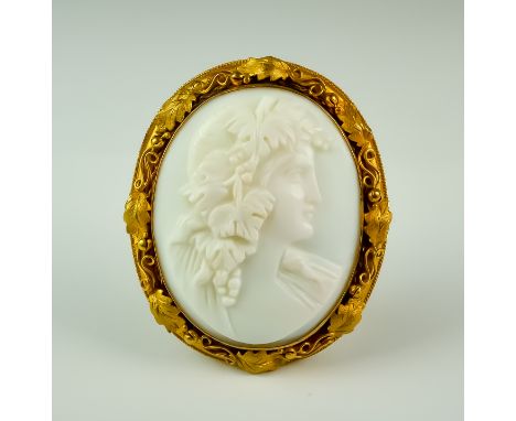 A Carved Cameo Brooch, Late 18th/Early 19th Century, 15ct gold foliate frame set with a profile of a young lady, 53mm x 46mm 