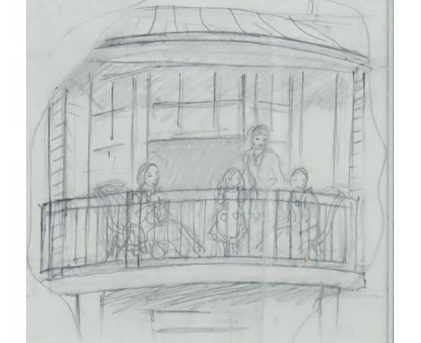 ***E. H. Shepard (1879-1976) - Pencil drawing - A balcony outside a large window on the ground floor - preliminary drawing (n