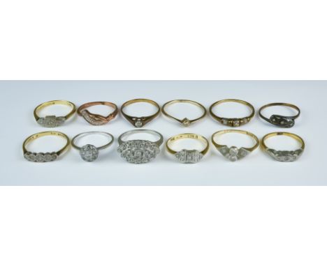 Twelve Diamond Set Rings, Modern, assorted gold carats, diamond weights and sizes, gross weight 21.3 grammes Note: Photograph