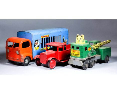 A Triang Tin Plate Large Scale Tipper Truck of Pre War Design, 18.5ins overall, a Triang tin plate circus lorry, 23ins overal