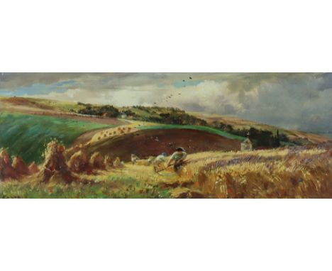 C. J. Lewis (1830/36-1892) - Two oil paintings - Harvesting the corn, board 3.75ins x 9.5ins, and shepherd with his sheep, 2.