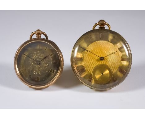 Two Lady's Gold Open Faced Pocket Watches, one Swiss 18k gold watch by Stauffer of Geneva, the engine turned dial with gilt R