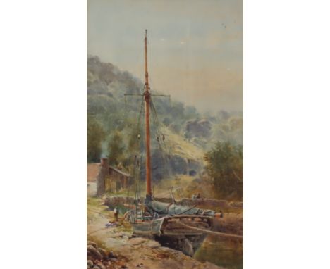 William Bingham McGuiness (1849-1928) - Watercolour - Rural landscape with fisherman tending to his boat, signed and dated 18