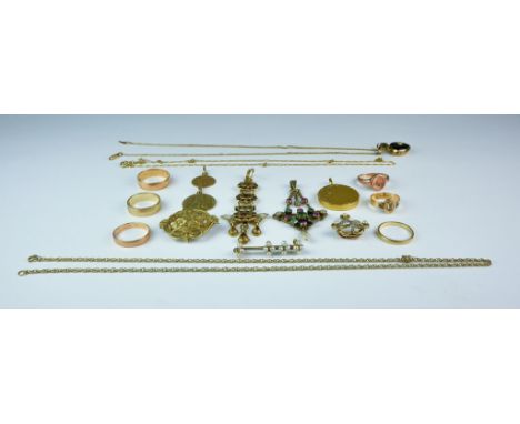 A Quantity of Gold and Gold Coloured Metal Items, Various, 20th Cemtury, comprising - six rings, two brooches, three gem set 