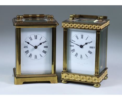 Two French brass Cased Carriage Timepieces, one retailed by Spencer &amp; Co Ltd of Madras, the white enamel dial with Roman 
