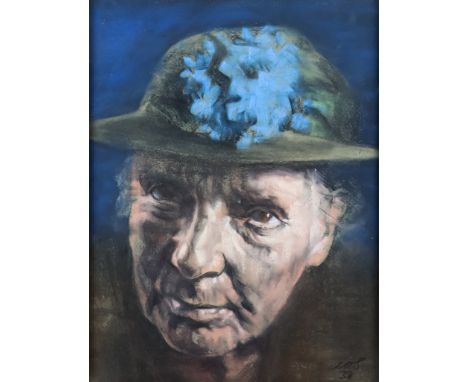ARR Austin Osman Spare (1888-1956) - Pastel - Shoulder length portrait of a lady wearing a hat with blue flower, initialled a