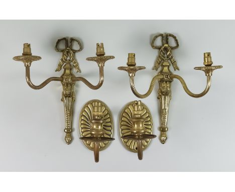 A Pair of Cast Brass Twin Light Wall Lights, 20th Century, with reeded arms, the back plate with a tied ribbon motif, 9.5ins 