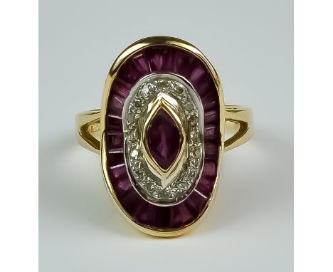 A Ruby and Diamond Shield Ring, Modern, 9ct gold set with faceted rubies, approximately 2ct, and pave diamonds, size K+, gros