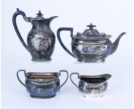 A George V Silver Rectangular Harlequin Four Piece Tea Service by Atkin Brothers, Sheffield 1924, with moulded rims and angul