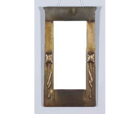 A Late 19th/Early 20th Century Brass Framed Rectangular Wall Mirror of "Art Nouveau" Design, the frame of planished finish an