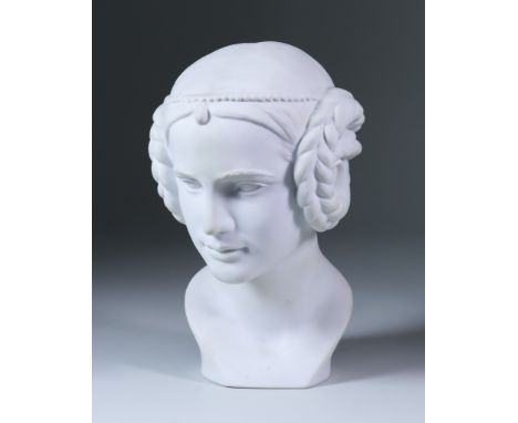 A Goebel Bisque Bust of a Young Woman, 20th Century, her hair fashionably dressed with plaits, printed mark and impressed num