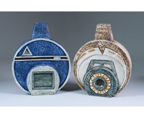 Two Troika Pottery Wheel Lamp Bases, one by Alison Brigden, decorated with geometric pattern, on a turquoise ground, the othe